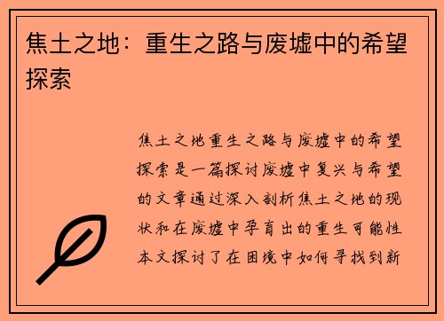 焦土之地：重生之路与废墟中的希望探索