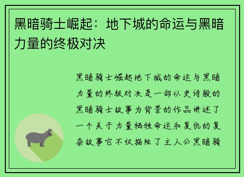 黑暗骑士崛起：地下城的命运与黑暗力量的终极对决